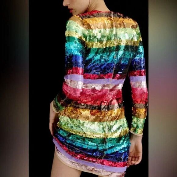 Mac Duggal 93724 Size 12 Rainbow Sequin Multicolor Striped Long Sleeve Dress NWT - Picture 3 of 5